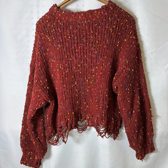 Main Strip Maroon Rainbow Flecked Distressed Knit Sweater — Sz. Small - Picture 3 of 5